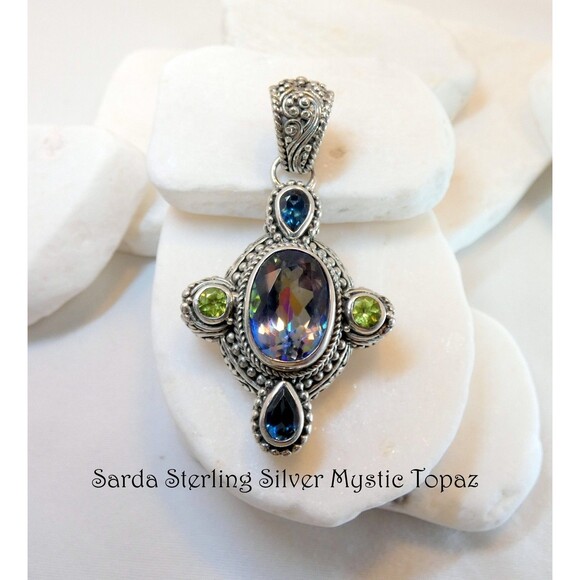 SARDA Bali Signed Sterling Silver Mystic Topaz-Peridot-London Topaz Pendant - Picture 2 of 12